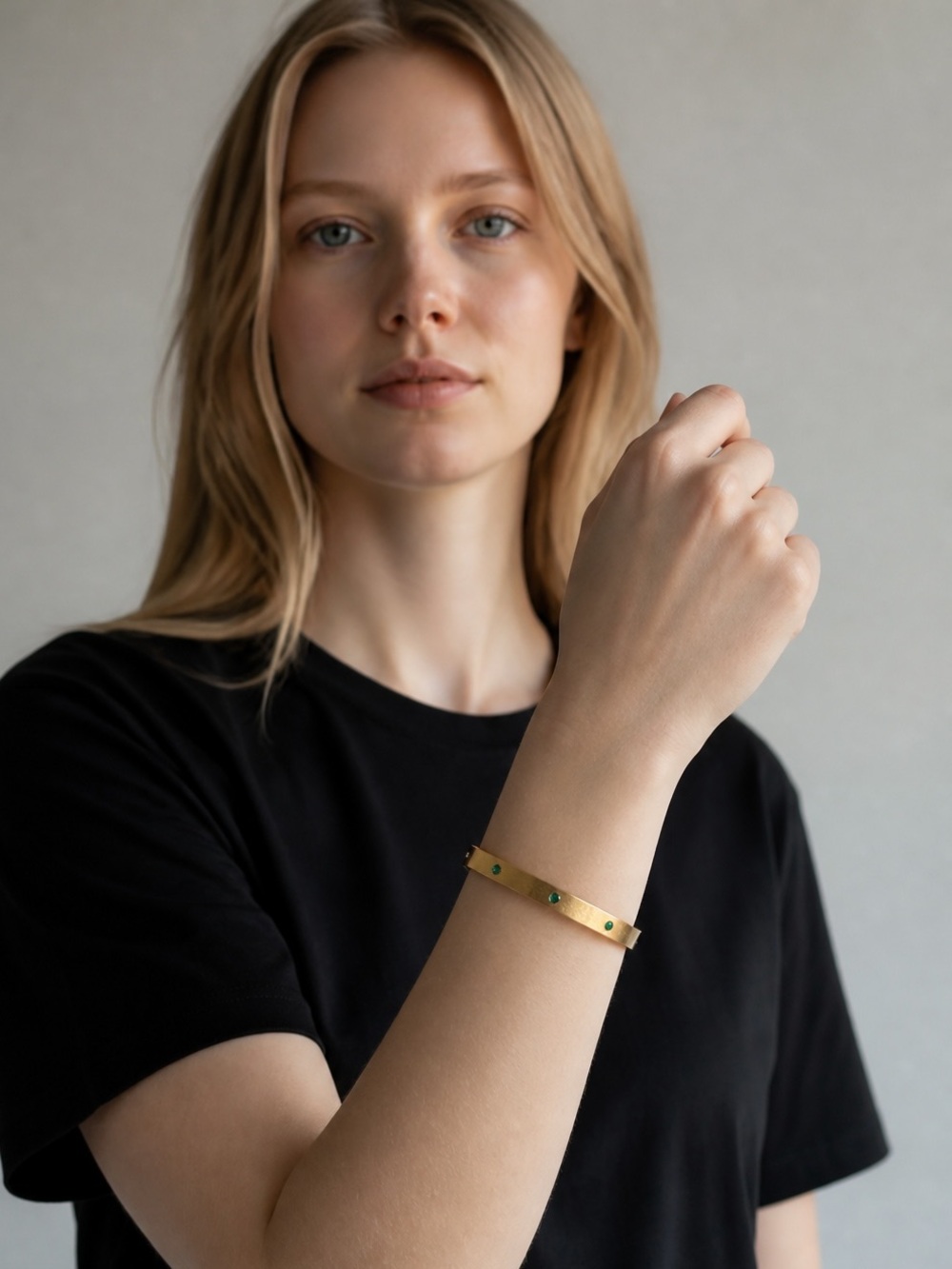 Gold Cuff Bracelet with Green Stone Accents